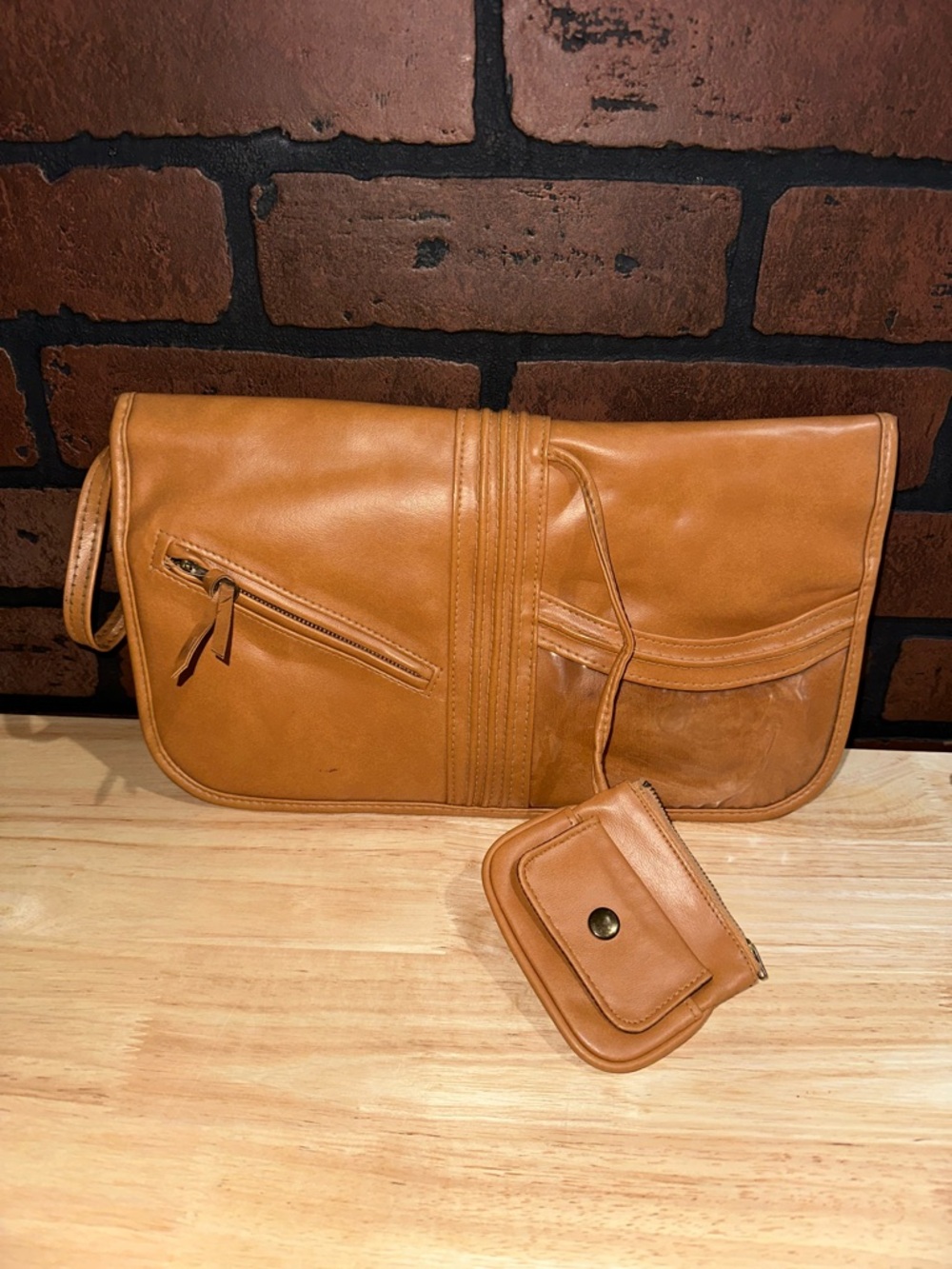 Classic Tan Wristlet Clutch with Front Pockets